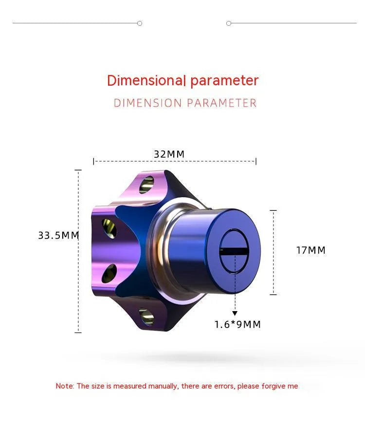 T6 aluminium alloy motorcycle key cover heads in hexagonal, plum blossom, and five-pointed star designs with blue and white key chain.