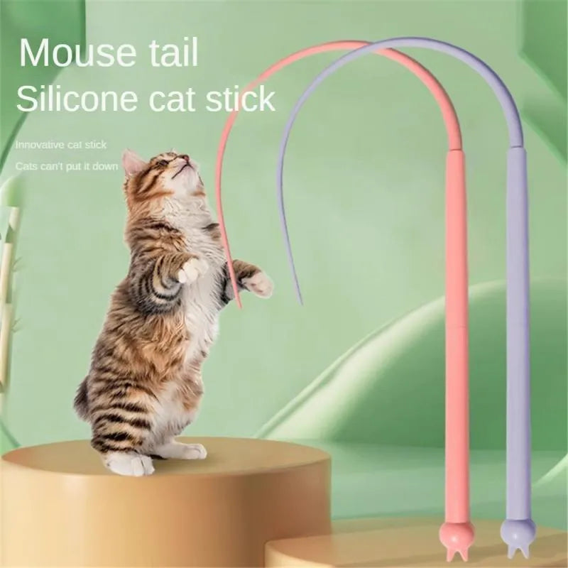 Blue silicone mouse tail cat teaser toy with 80cm stick and cat-head handle