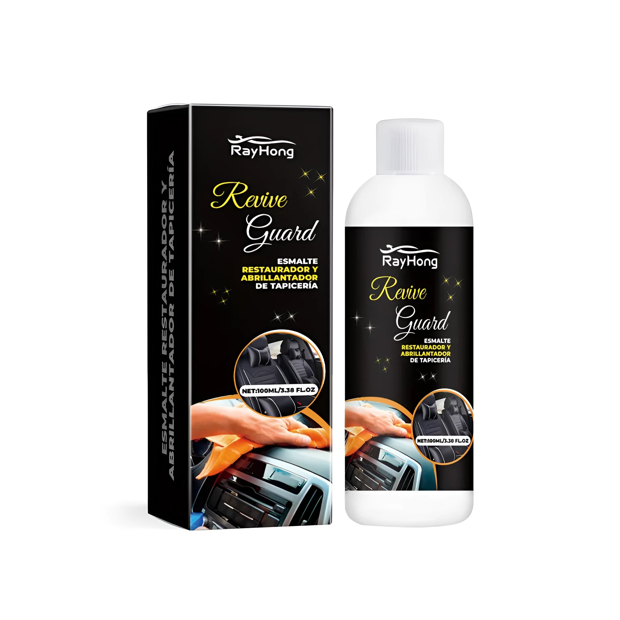 380ml bottle of car interior polish for scratch removal on plastic, vinyl, and leather surfaces.