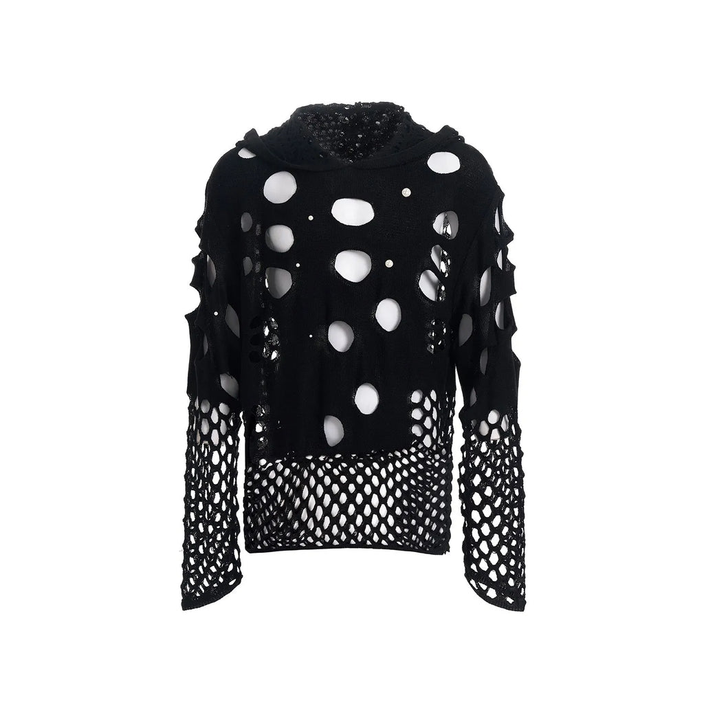 Men's black loose fit hoodie with pearl decoration on front