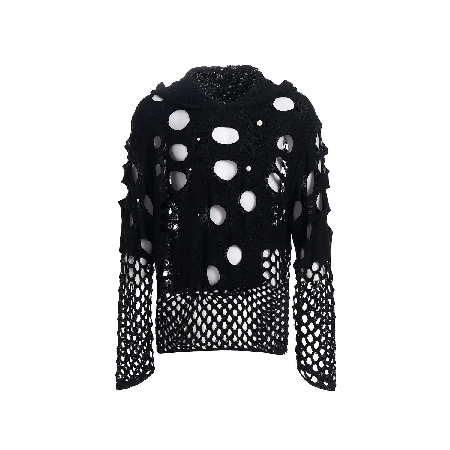 Men's black loose fit hoodie with pearl decoration on front