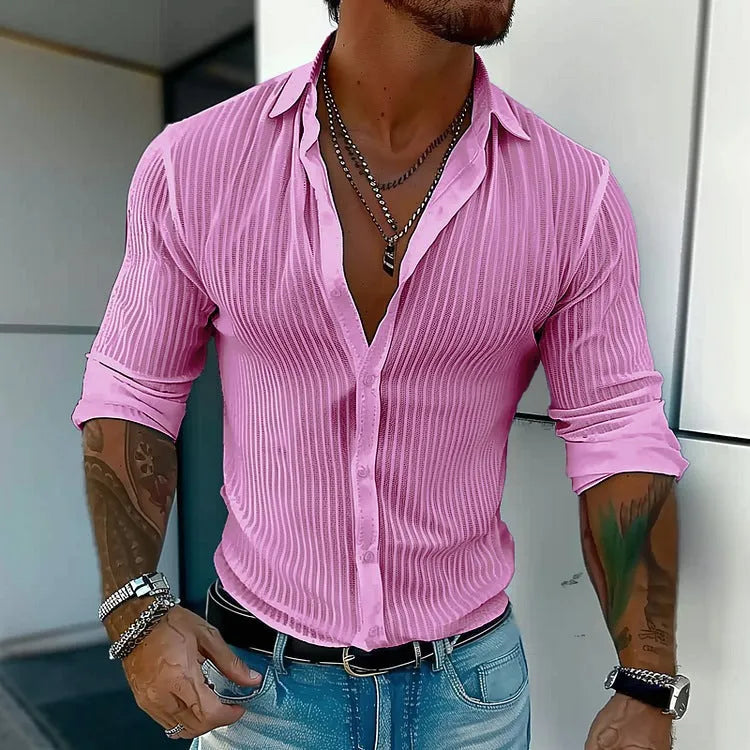 Man wearing a loose-fit, striped, long-sleeve cardigan in a blue colour variant