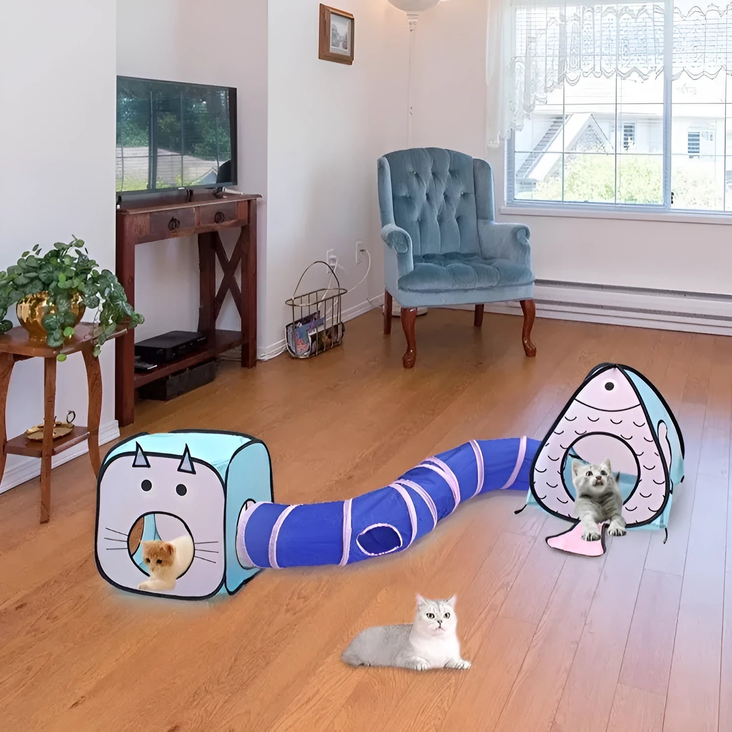 Foldable grey pet tunnel and tent toy with cat and fish design for indoor play.