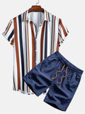 Men's digital print casual suit with short sleeve cardigan and matching shorts in polyester.