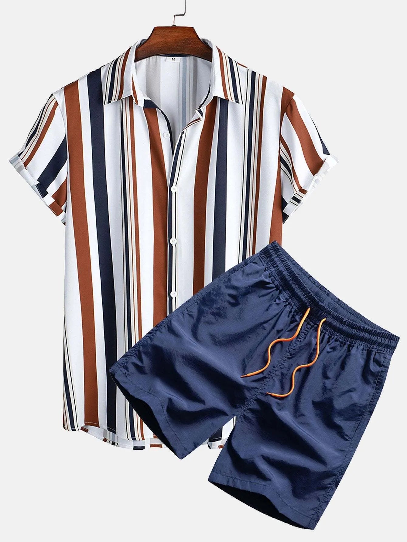Men's digital print casual suit with short sleeve cardigan and matching shorts in polyester.