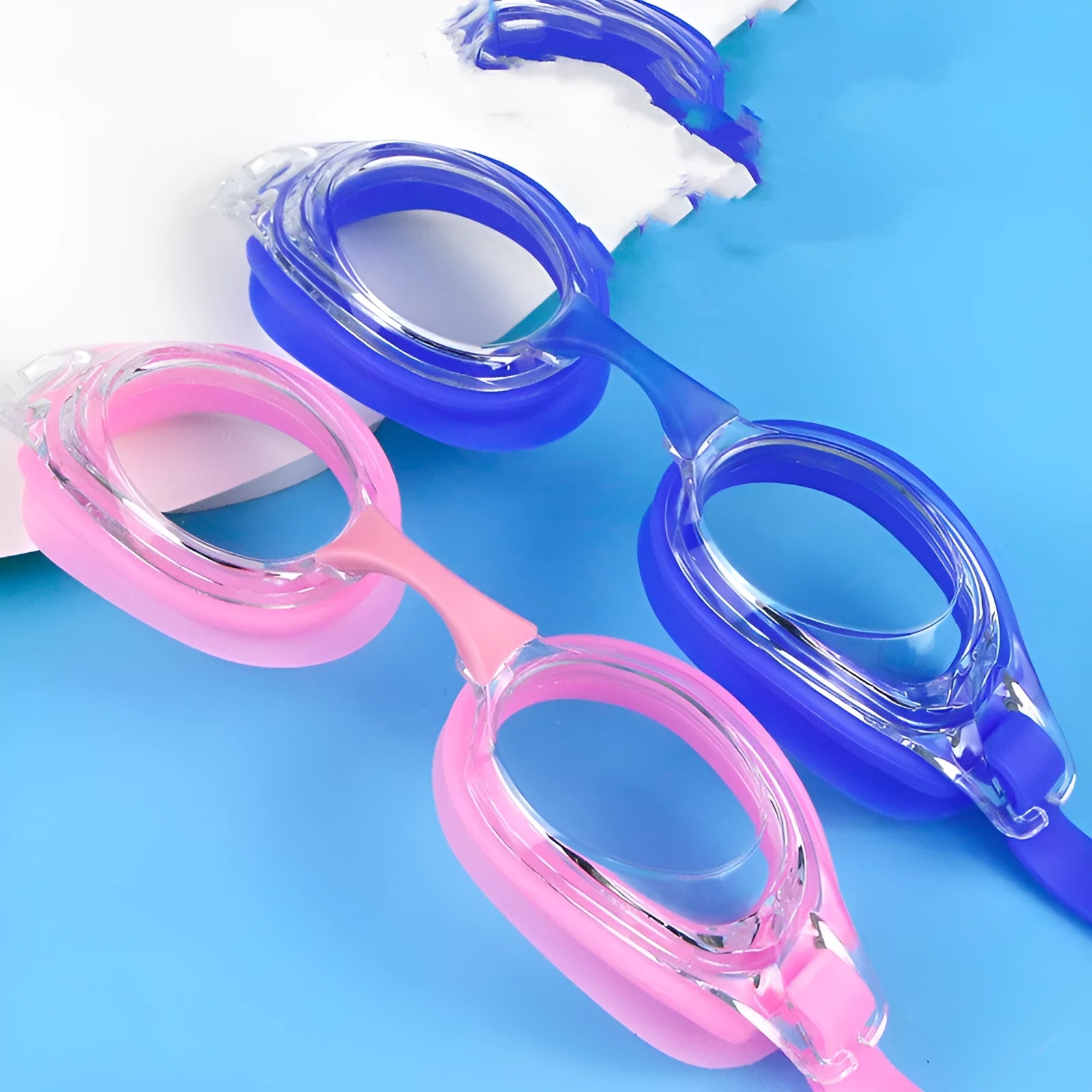 Prescription swimming goggles with corrective lenses in a protective case, shown in black colour.