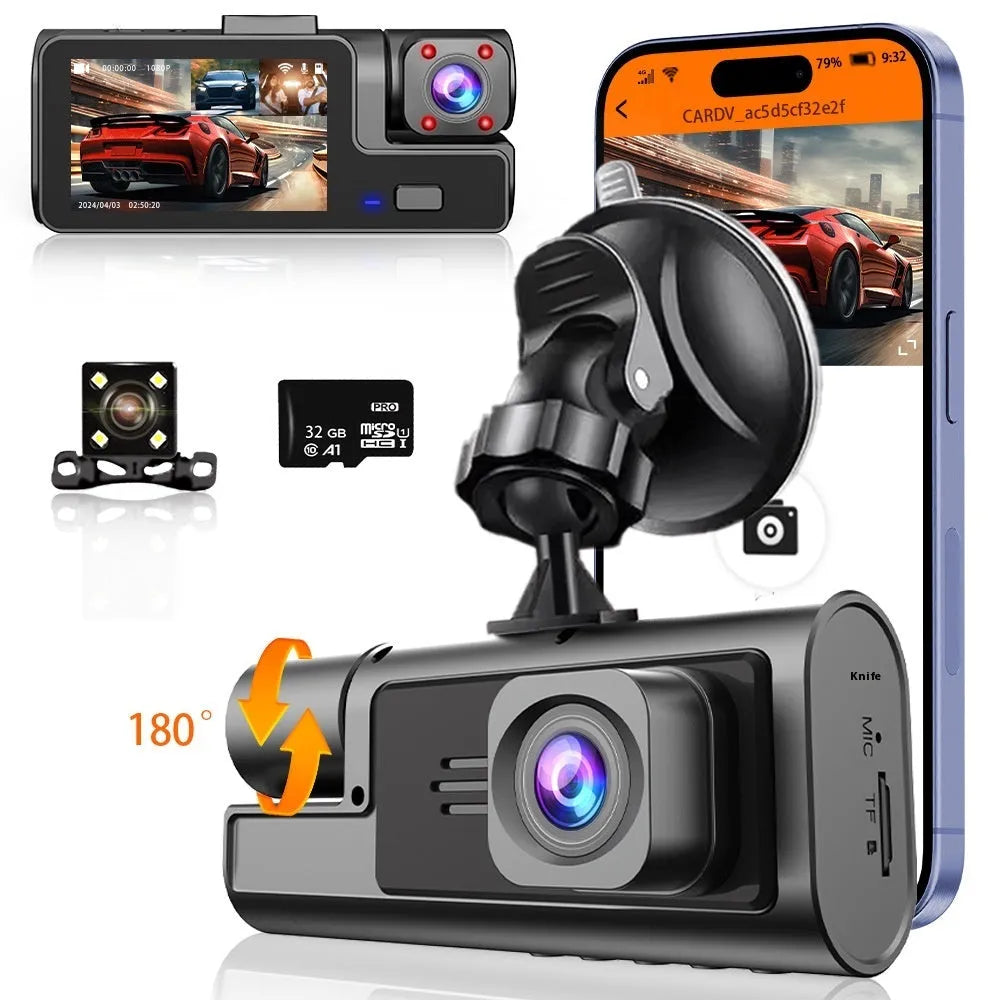 WiFi car driving recorder on a windscreen with a 2-inch screen showing a rearview camera image.