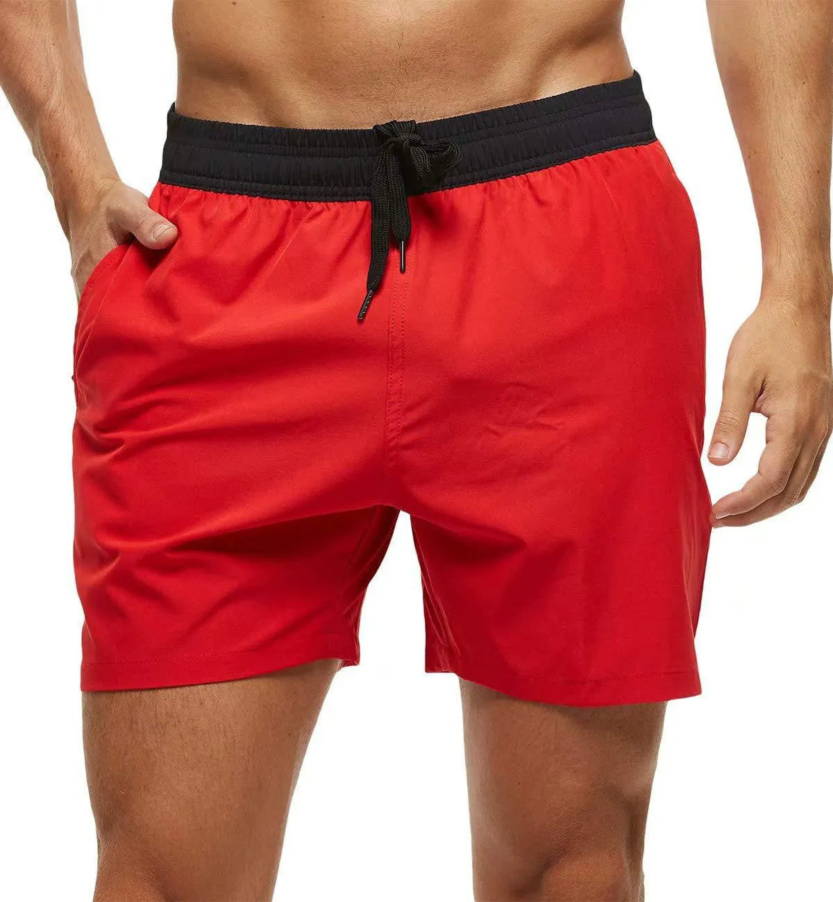 Men's blue polyester running shorts with a drawstring waist and a side headband pocket.