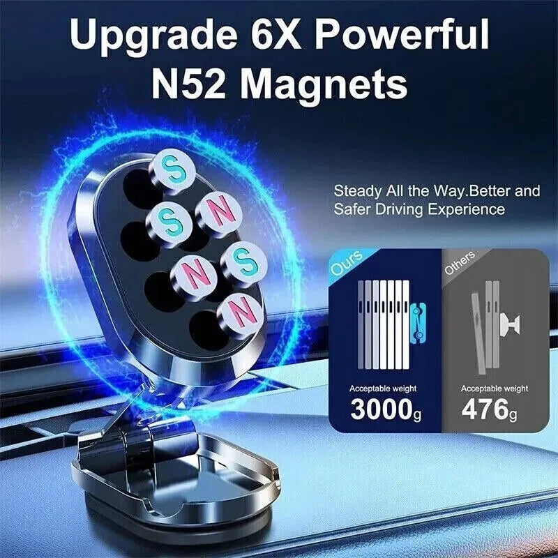 Chrome magnetic car phone holder with folding bracket extended on dashboard