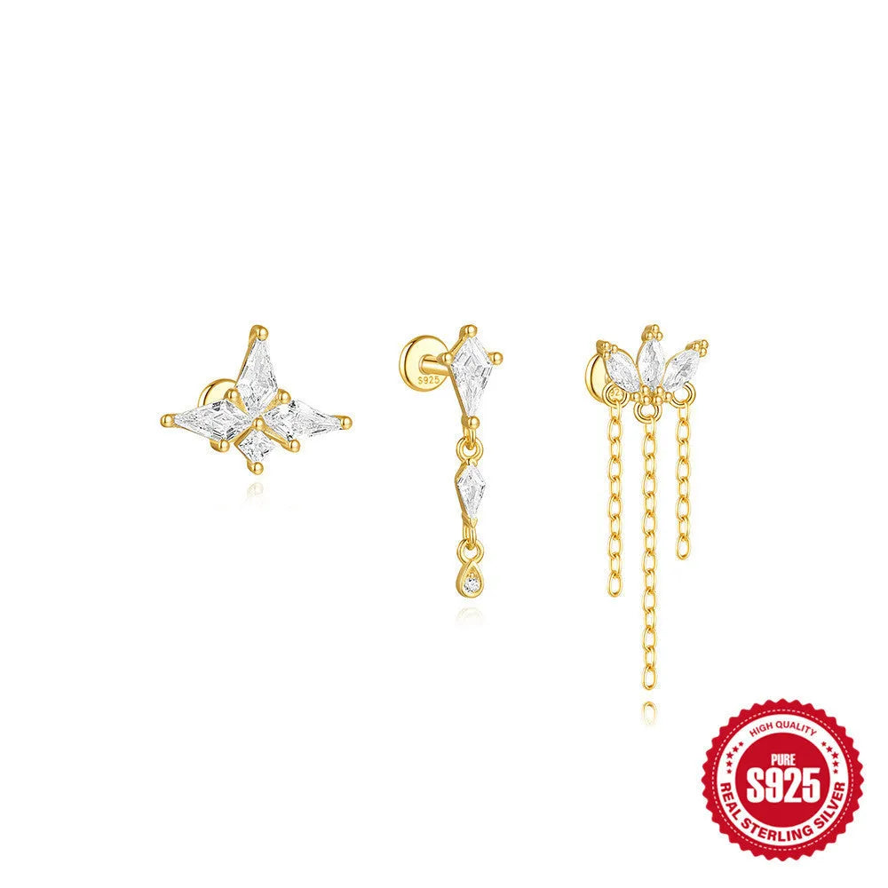 Sterling silver geometric kite earrings with rhinestone tassel in gold colour.