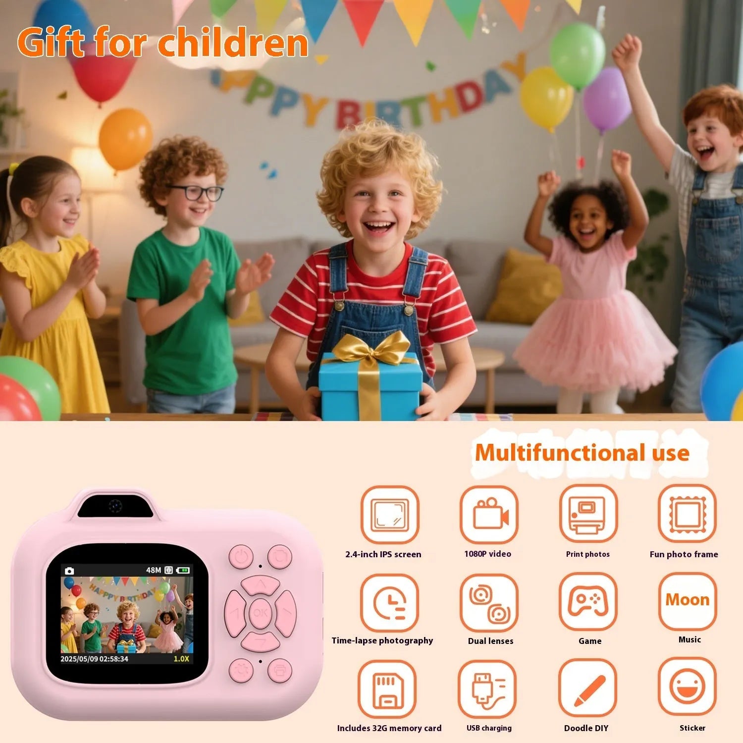 Children's plastic digital camera in pink, blue or purple colour with photography and video recording functions