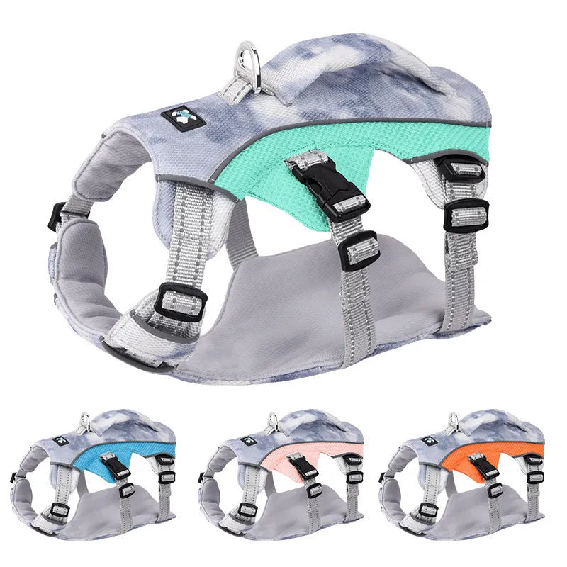 Reflective polyester chest strap for dogs in light blue, shown on a pet.