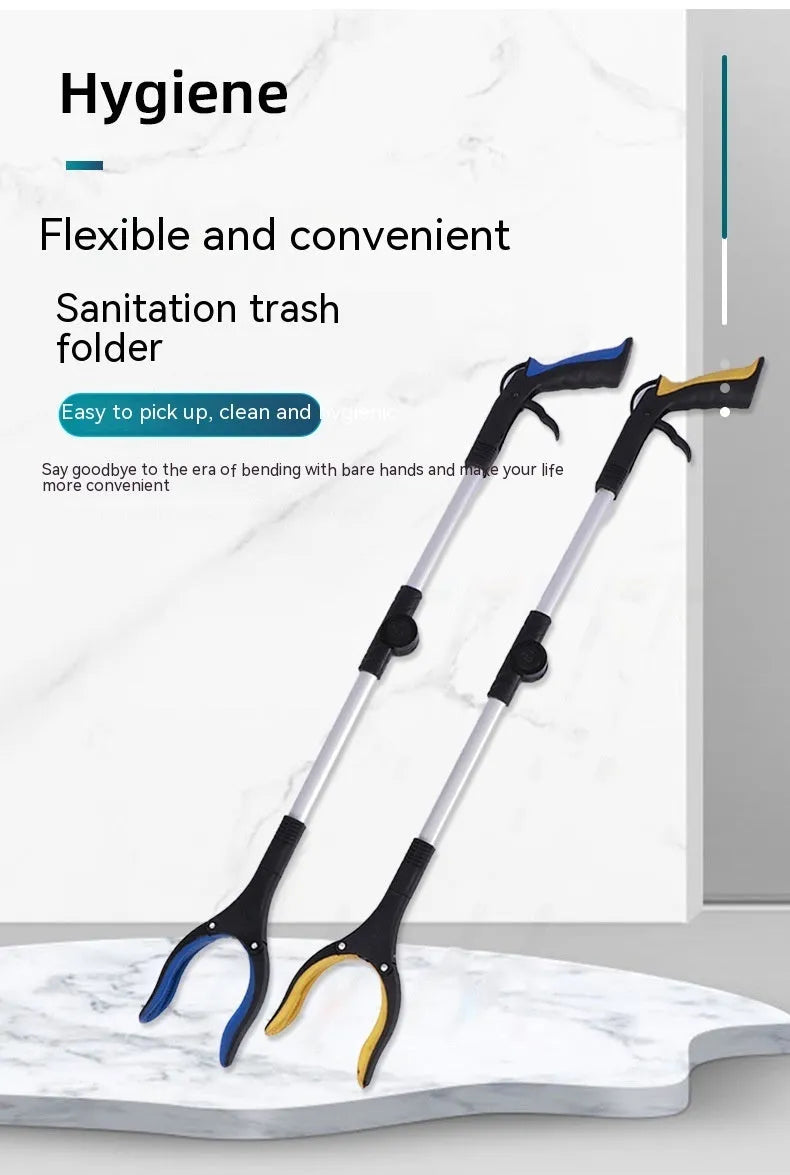 Foldable aluminium garbage clamp with magnet sucker extended to 80cm, showing blue handle option.