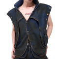 Blue heavy industry deconstructed hooded denim vest coat with matching trousers, Korean style, zipper front