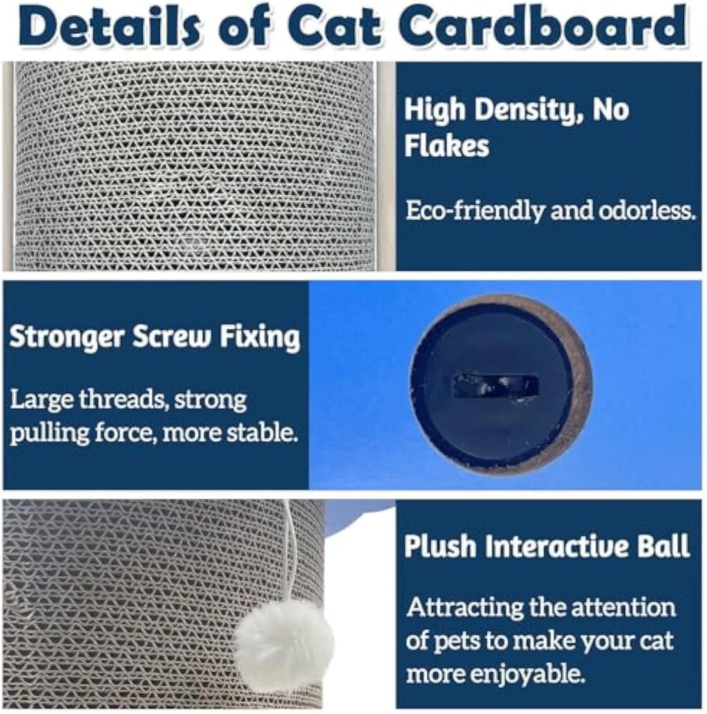 Corner-mounted cat scratching pad with hanging ball toy in grey cardboard