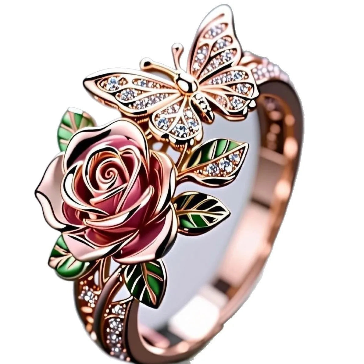 Adjustable fairy style butterfly ring with colourful oil-dipped effect and floral modelling