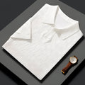 Men's short sleeve lapels sweater in mulberry silk with jacquard pattern, shown in business casual styling