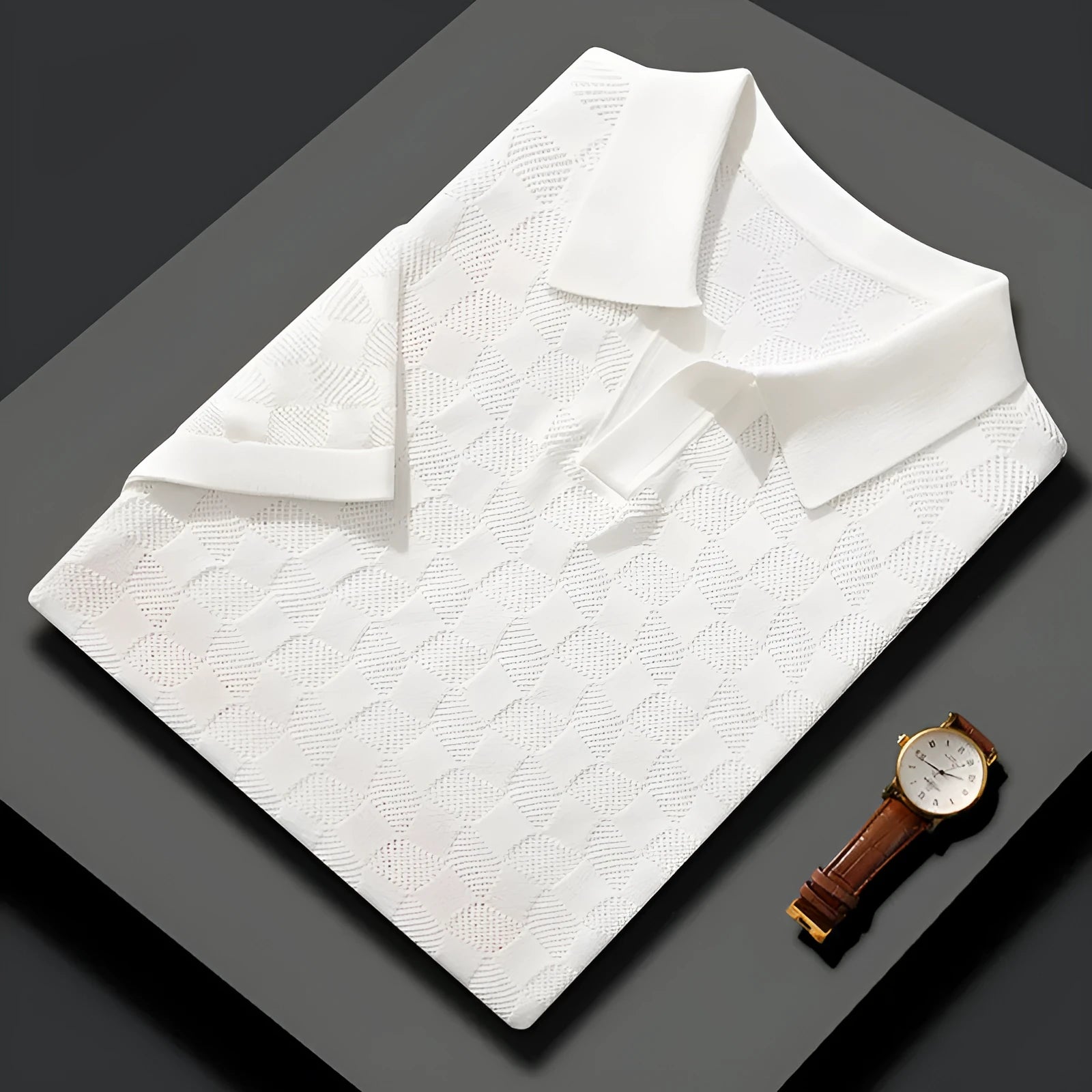 Men's short sleeve lapels sweater in mulberry silk with jacquard pattern, shown in business casual styling