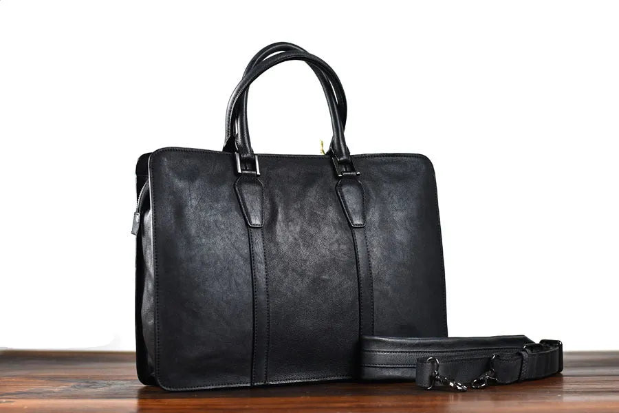 Men's 14-inch vegetable tanned leather handbag in horizontal square business style