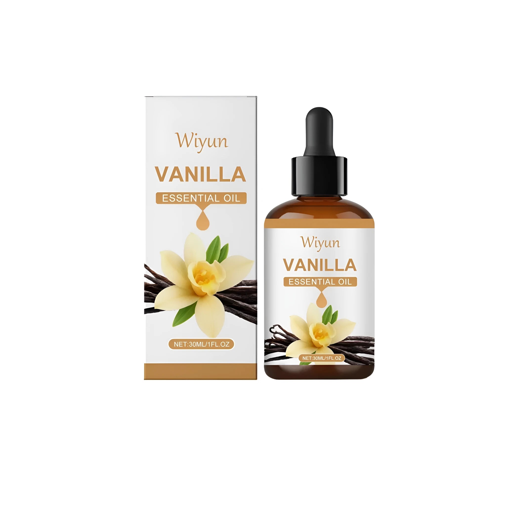 30ml bottle of vanilla flavoured aromatherapy essential oil with natural vanilla extract