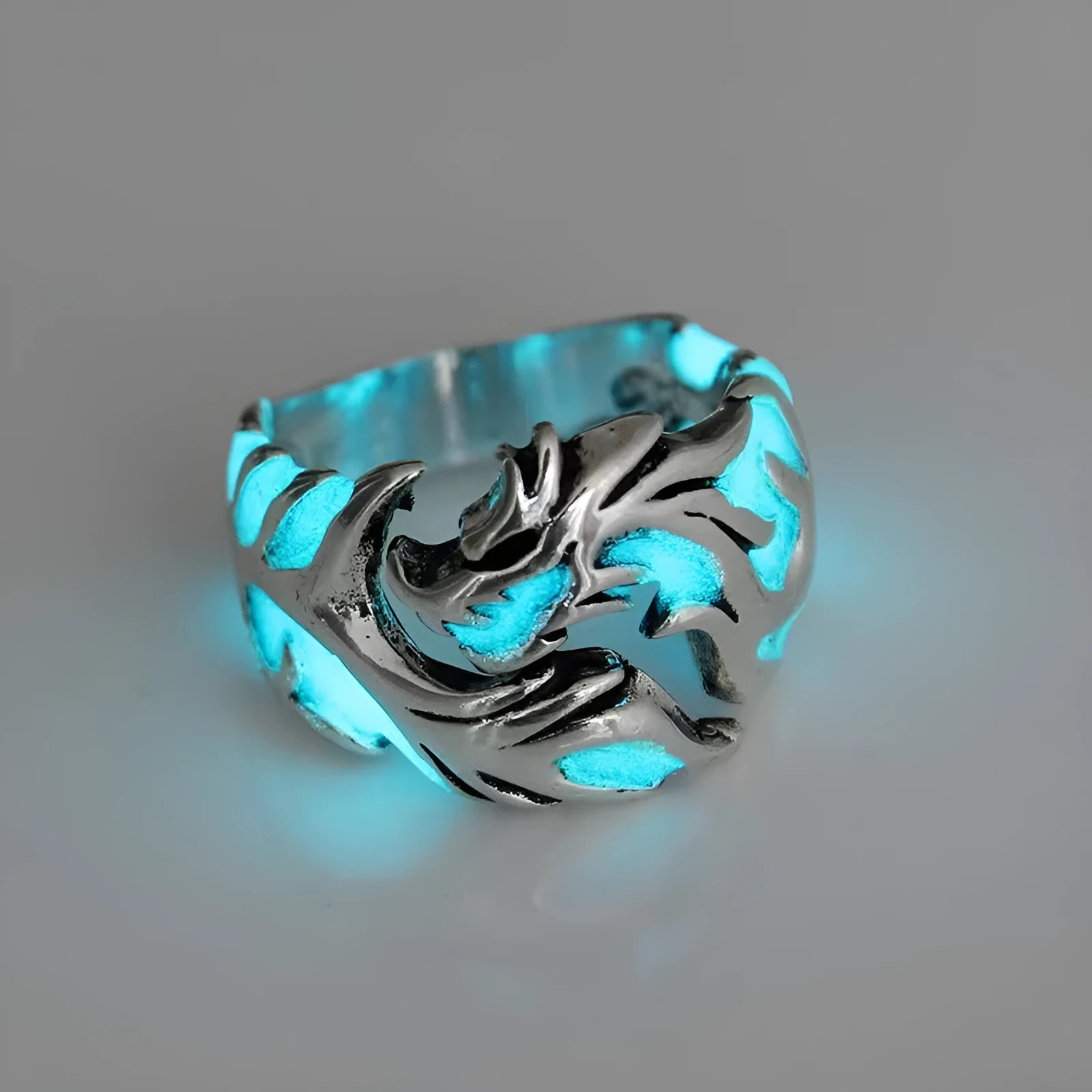 Chinese style luminous dragon pattern adjustable metal ring with antique silver blue and green electroplated finish