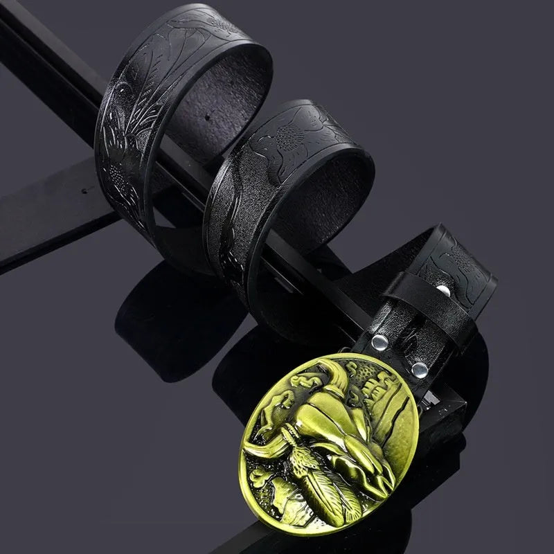 Men's black imitation leather belt with a detailed alloy cow head buckle.