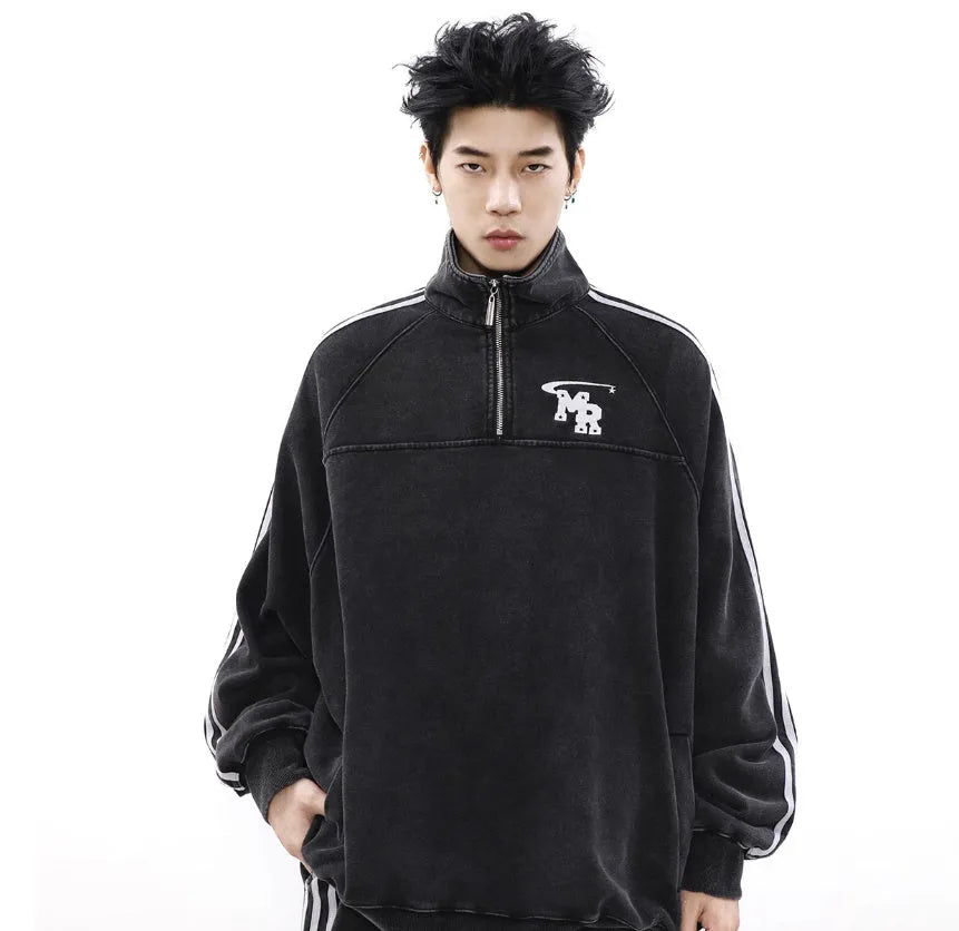American retro casual sports hoodie with stand collar in black polyester