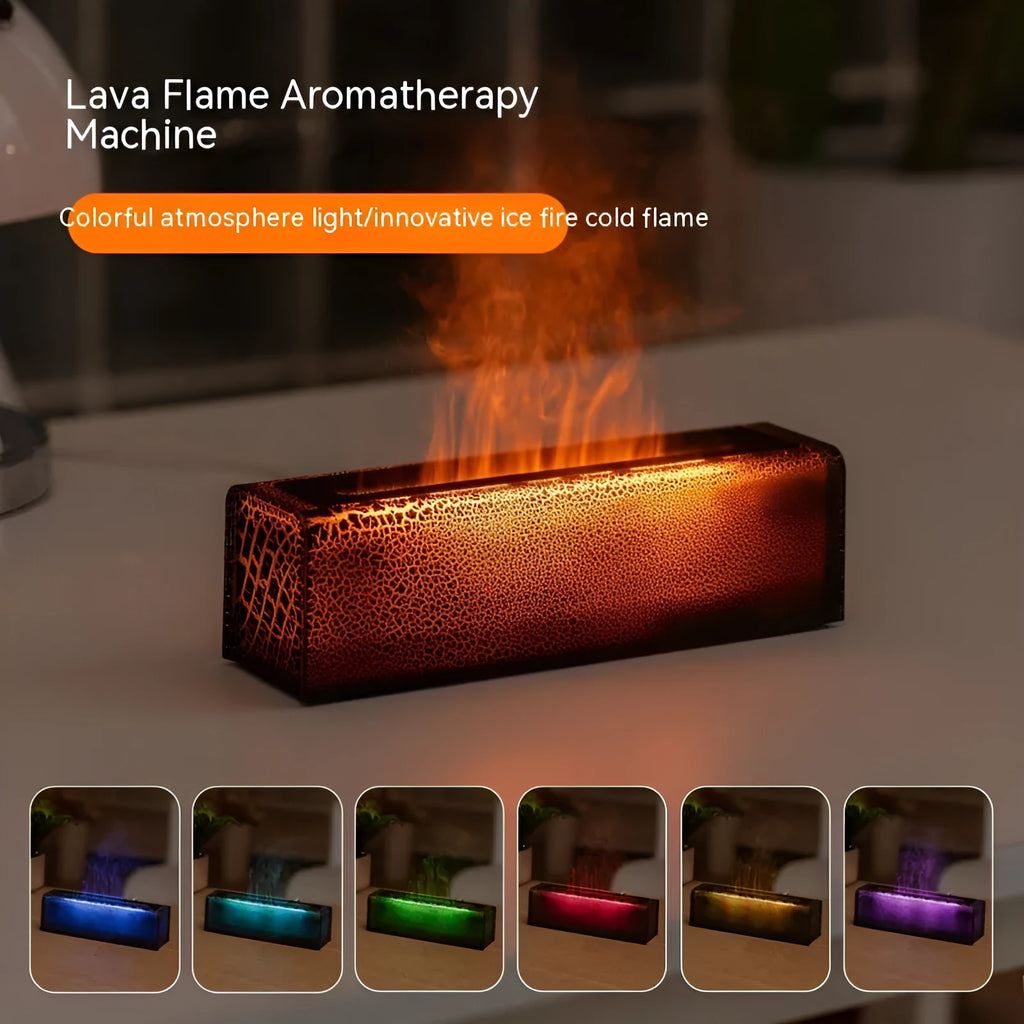 Square black creative lava atmosphere desktop humidifier and aroma diffuser with colourful flame light effect.