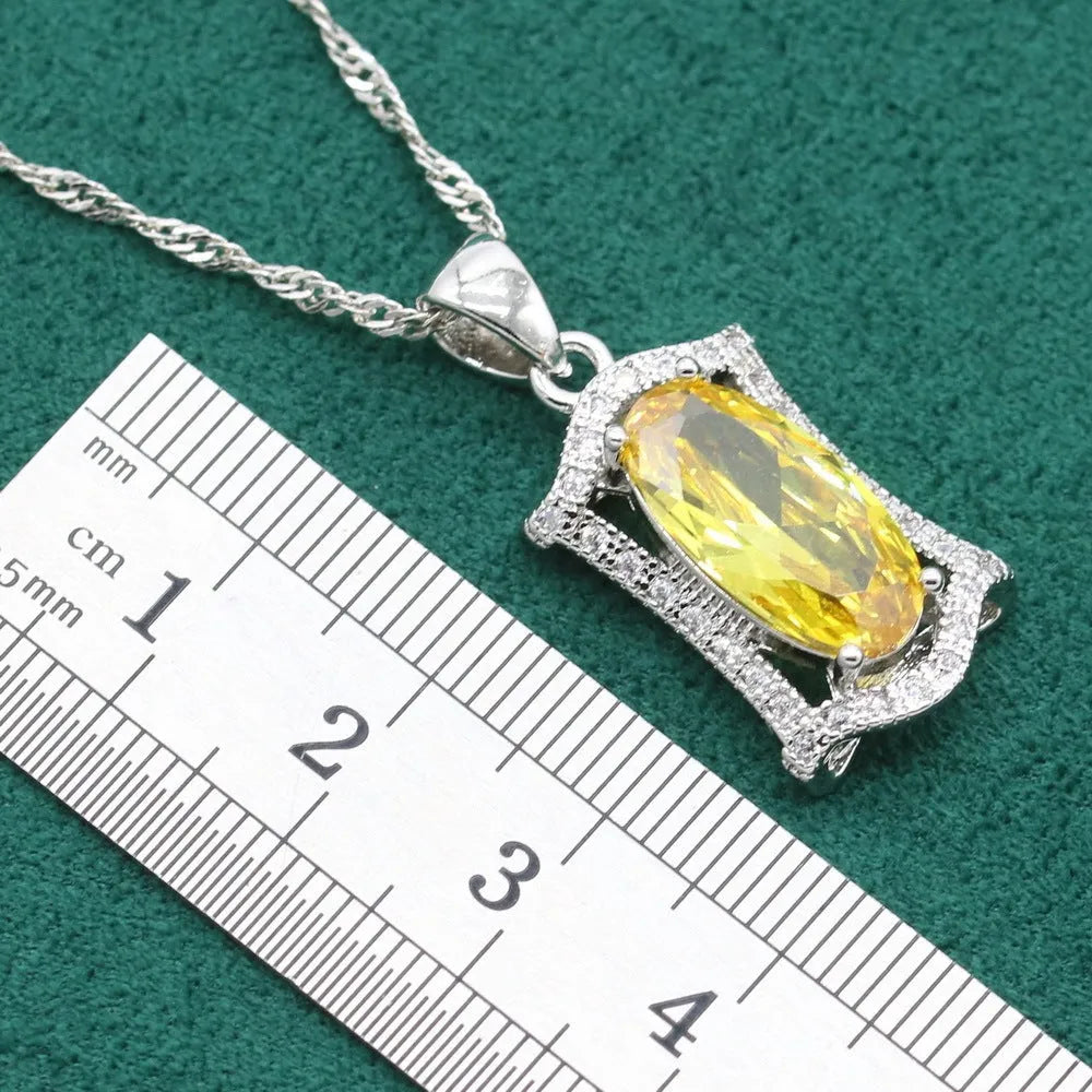 Women's zircon jewellery set with necklace, earrings, ring and bracelet in yellow or olive colour