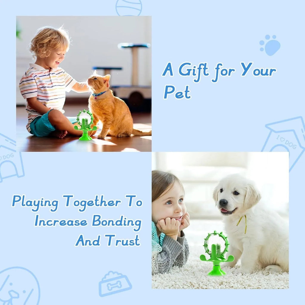 Blue interactive pet puzzle toy with spinner and suction cup base for cats and small dogs.