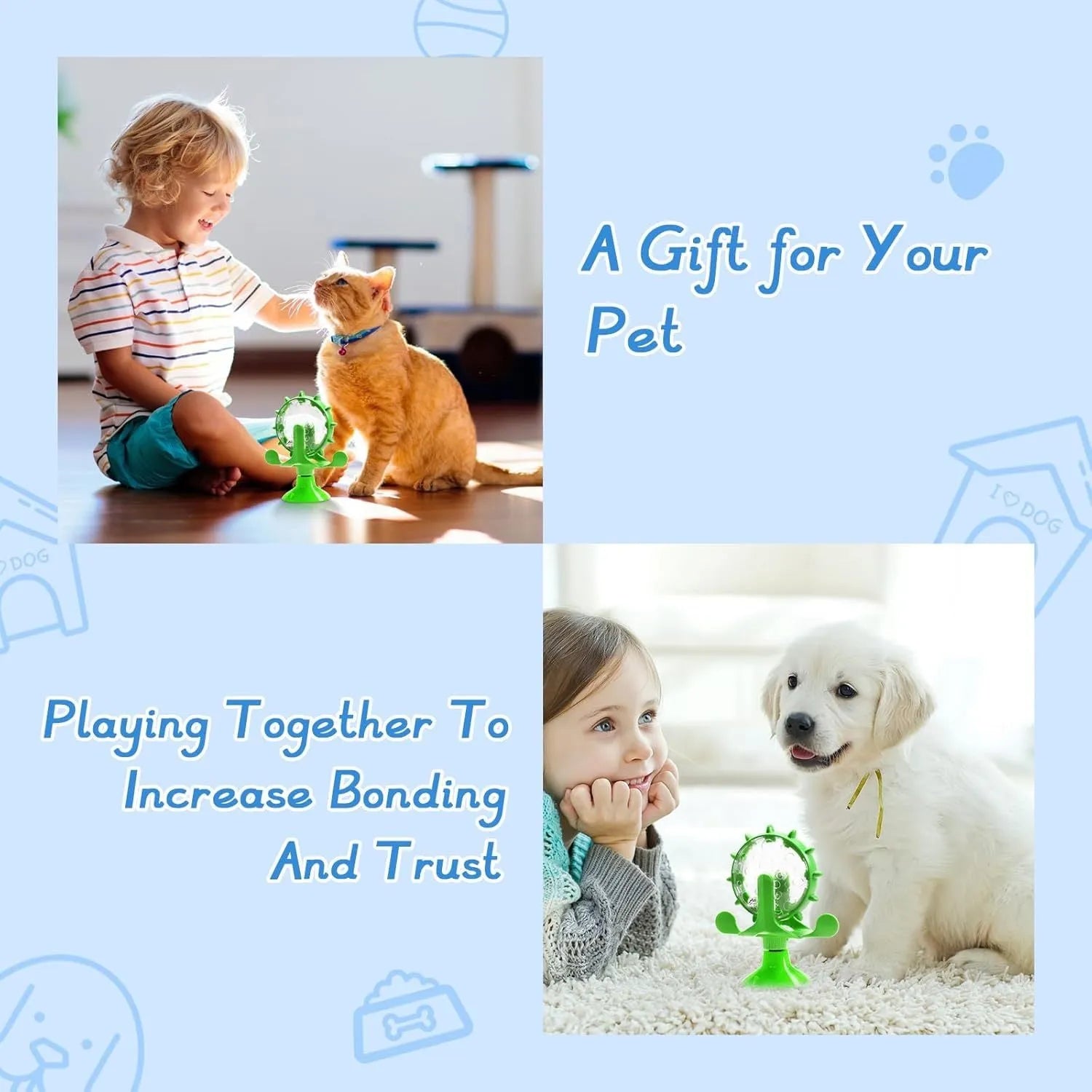 Blue interactive pet puzzle toy with spinner and suction cup base for cats and small dogs.