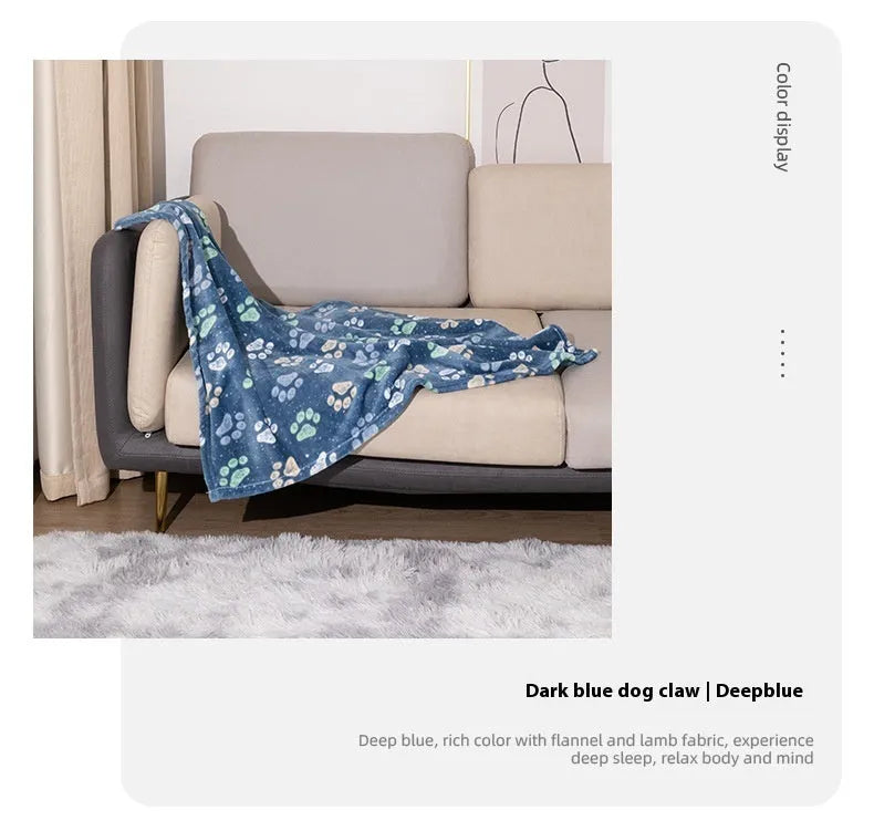 Double-sided thickened pet blanket with cartoon dog pattern in blue or khaki colours