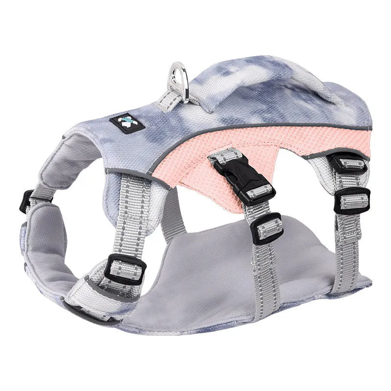 Reflective polyester chest strap for dogs in light blue, shown on a pet.