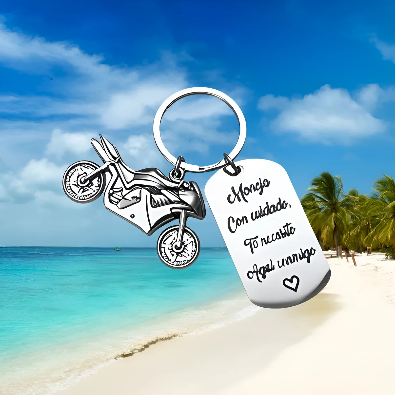 Stainless steel motorcycle keychain with modern design and included flannel bag.