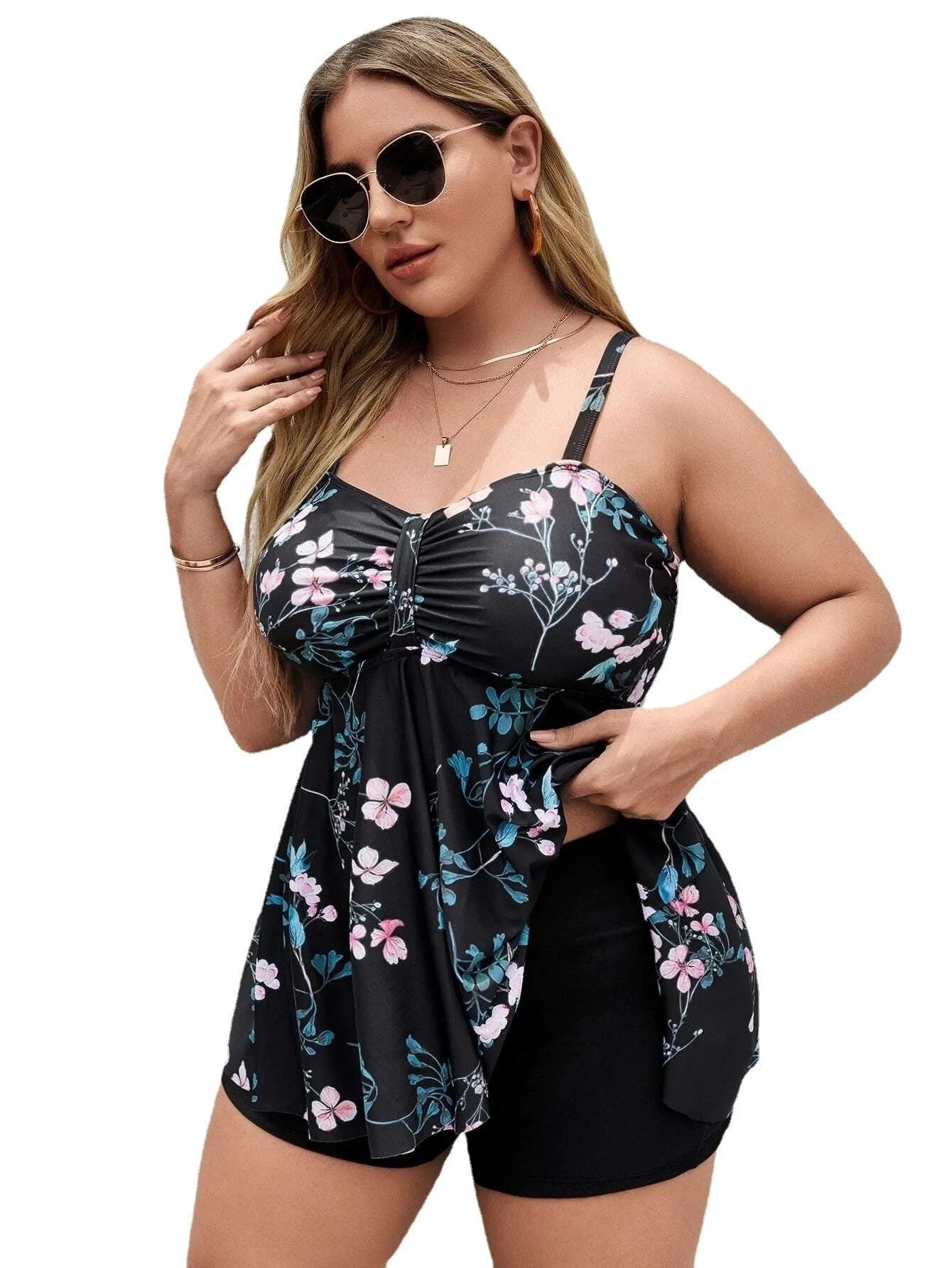 Women's floral print one-piece swimsuit in plus sizes with split-colour design