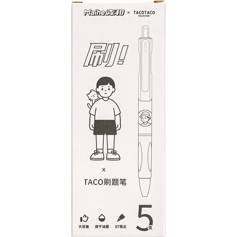 Five white plastic ballpoint pens with 0.5mm black ink nibs arranged together