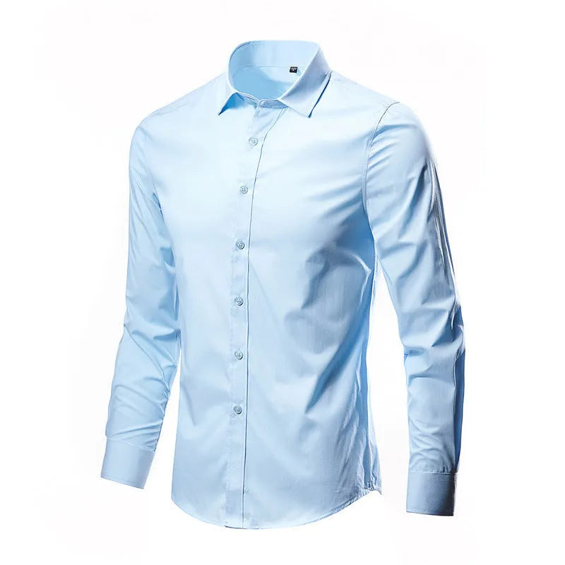 Men's loose-fit long-sleeve linen shirt in black, shown on a model.
