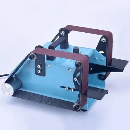 Blue desktop dual-axis belt sander with 750W motor and variable speed control for knife sharpening and polishing