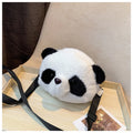 Soft plush crossbody shoulder bag with panda head design, cylindrical shape measuring 18cm