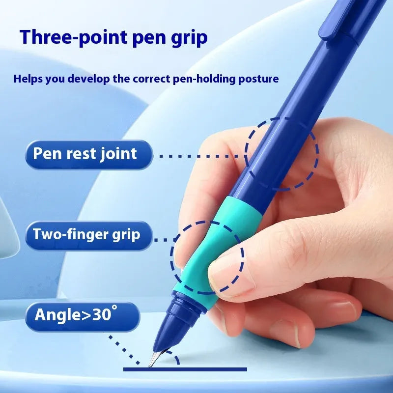 Student posture correction pen with triangular grip in blue, green, purple, or orange colours