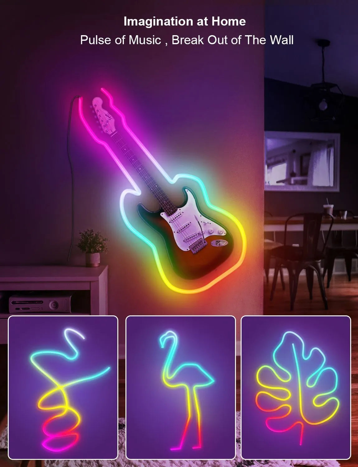 3-metre long flexible RGB neon LED light strip with remote control, showing colour-changing effects.