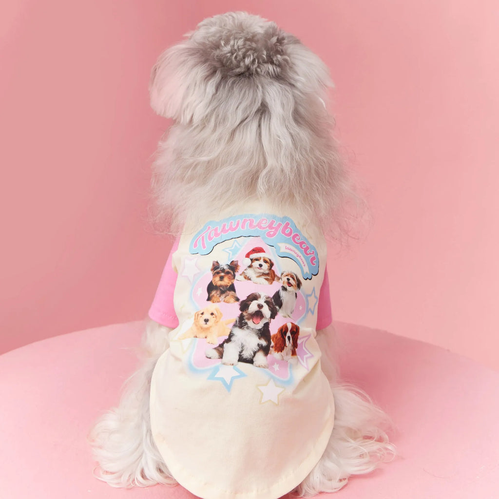Red embroidered cotton summer clothes for a dog on a size chart showing XS to XXL.