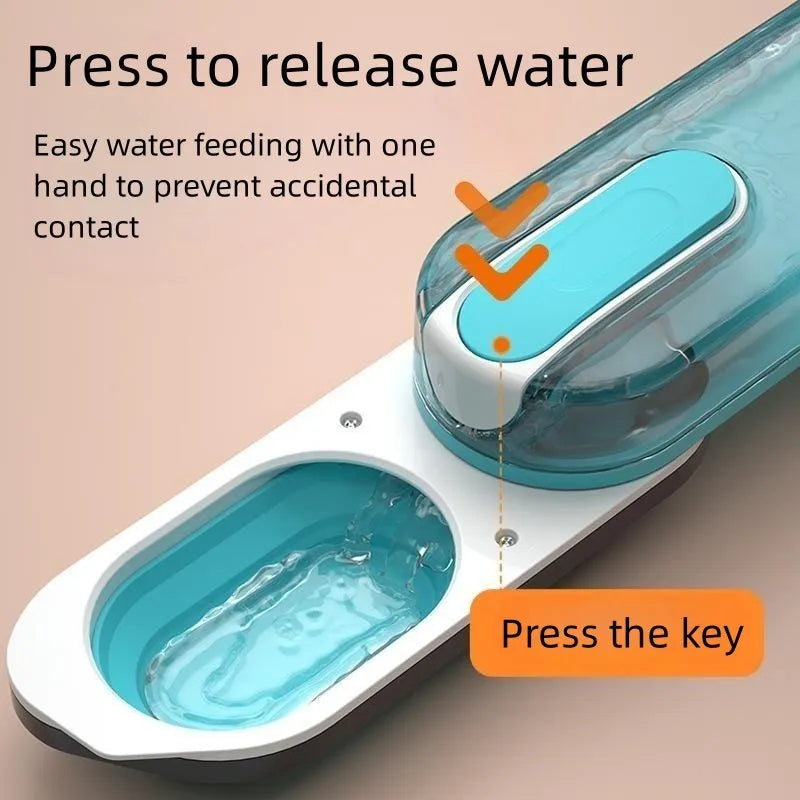 Blue portable pet water bottle with foldable silicone drinking bowl extended, showing carry handle.