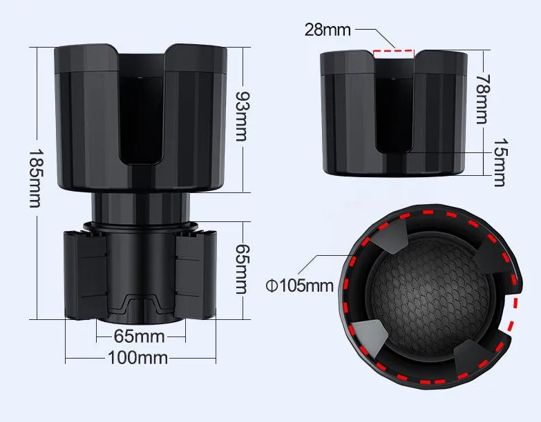 Matte black adjustable car cup holder expander for oversized bottles and thermoses.