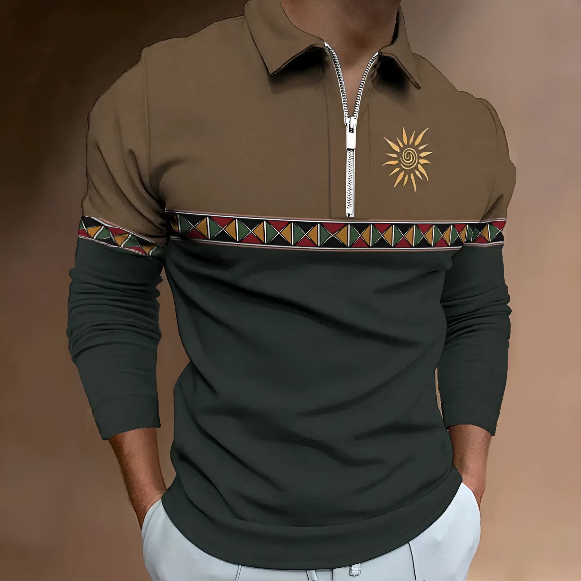 Men's loose long sleeve t-shirt with retro colour stripes and a decorative zipper detail on the front.