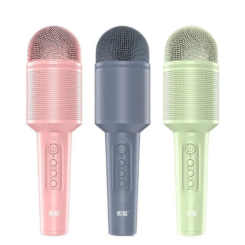 Wireless Bluetooth karaoke microphone in pink, blue, and green colours with USB connectivity