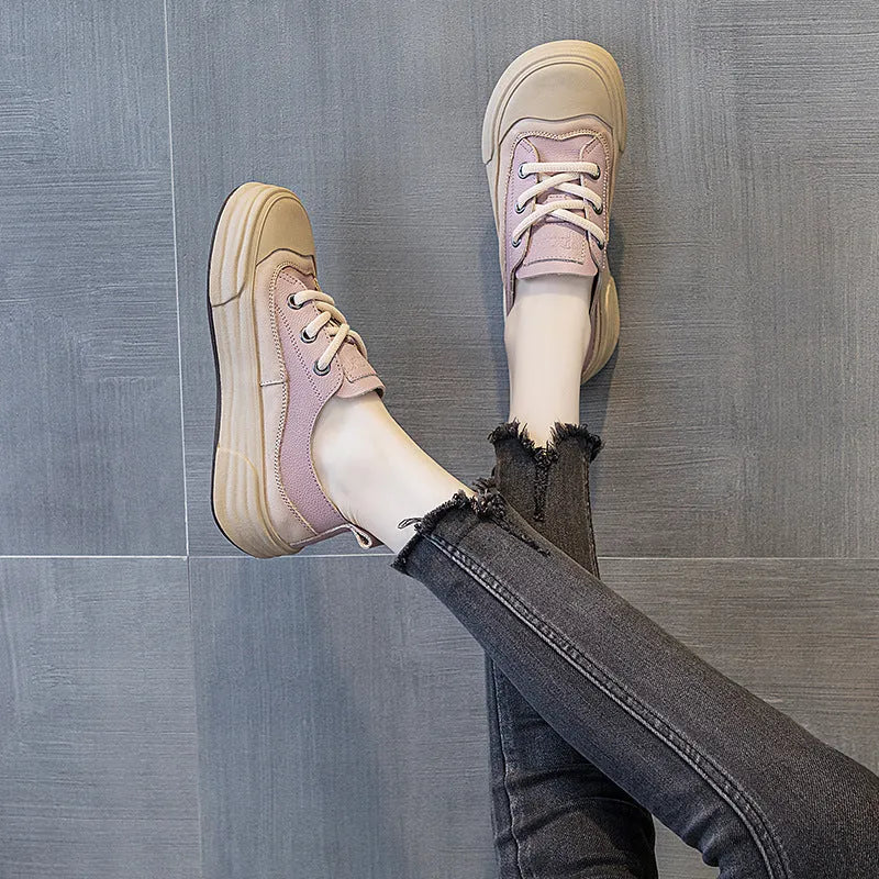 Women's leather platform sneakers in matcha, purple, and orange colours with round toe and lace-up front.