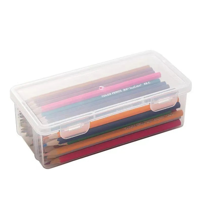 Transparent plastic pencil storage box with large capacity for crayons and colouring pencils.