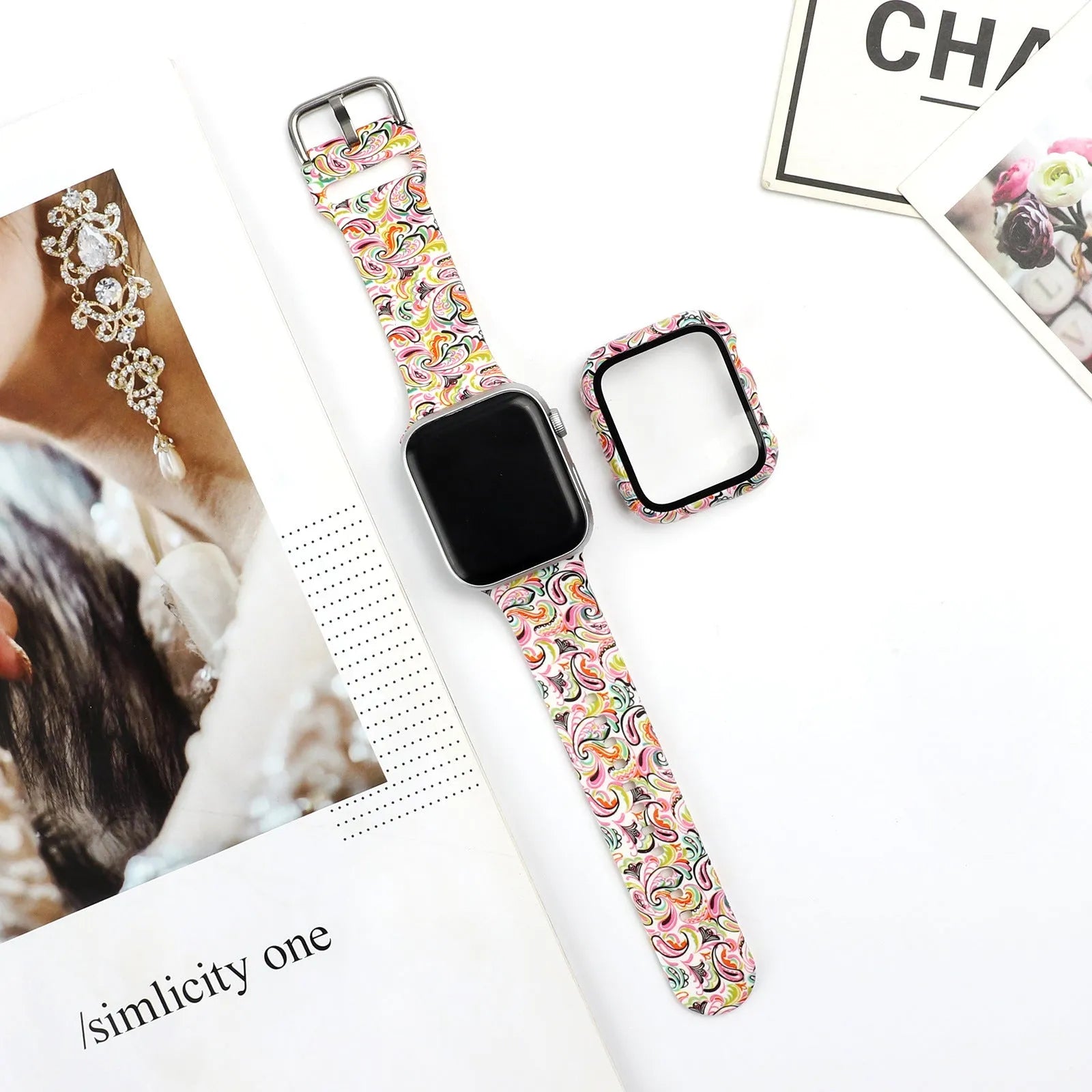 Printed silicone replacement strap for Apple Watch in various styles and sizes