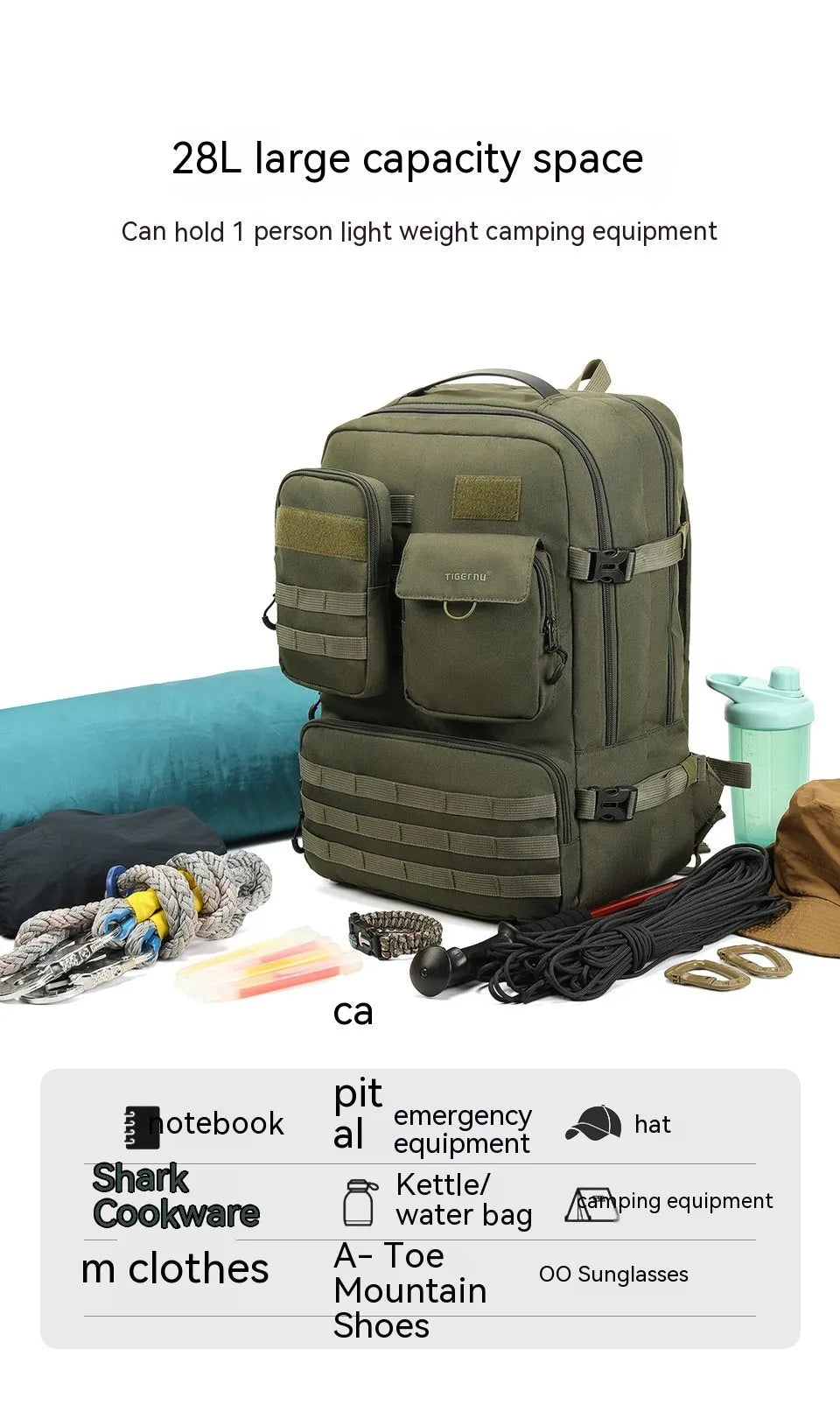 17 inch army green tactical waterproof backpack with 20-35 litre capacity